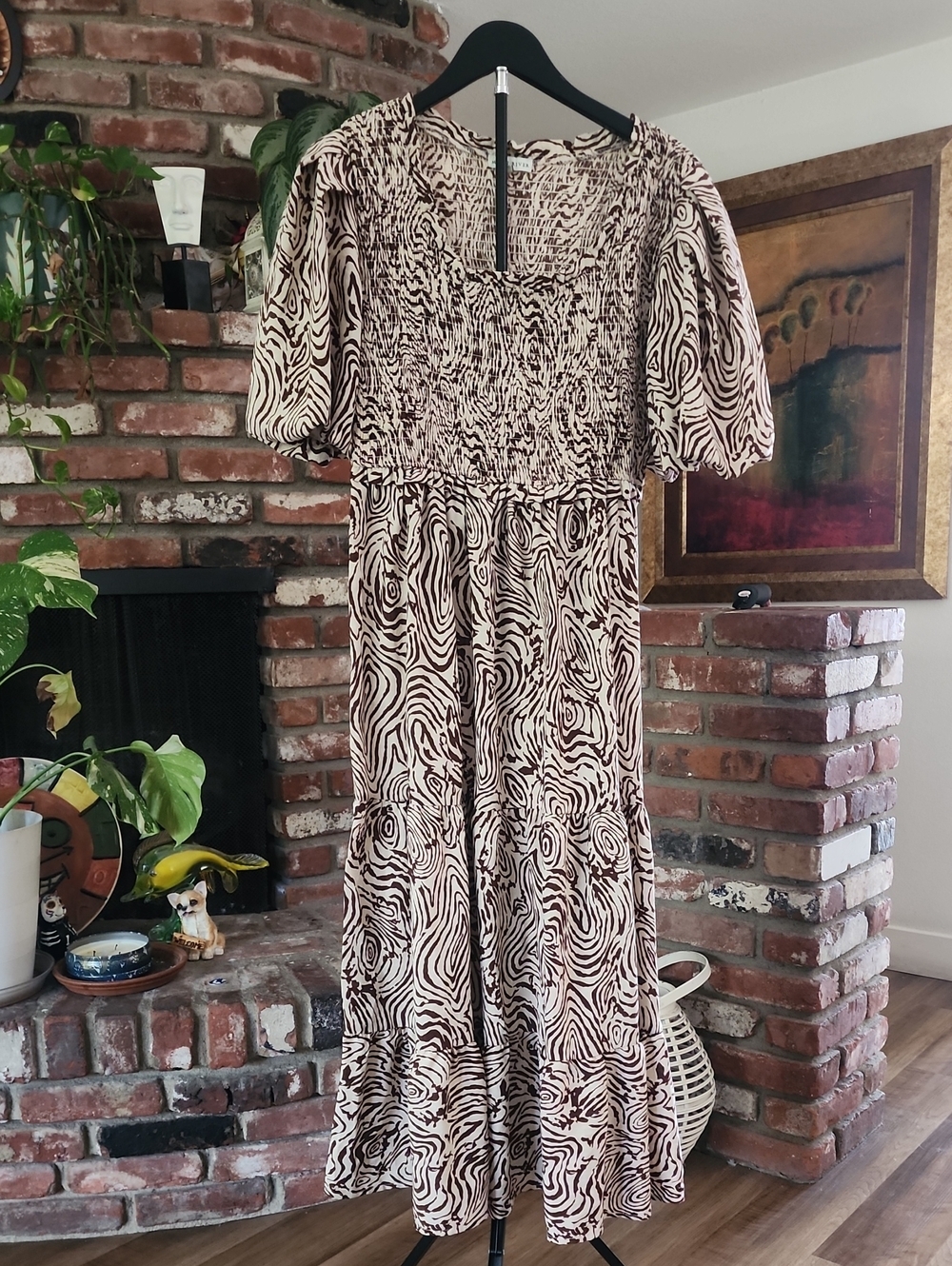 Moon River Brown Abstract Woodgrain Print Midi Dress Puff Sleeve Cottagecore Boh - Picture 2 of 11